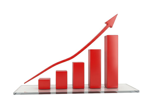 Growth trajectory illustrated with ascending red bar graph isolated on transparent background