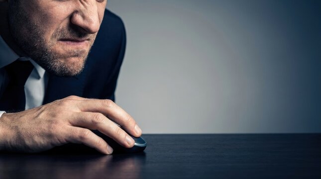 Close up of a frustrated businessman with stubble intensely focused on using a computer mouse