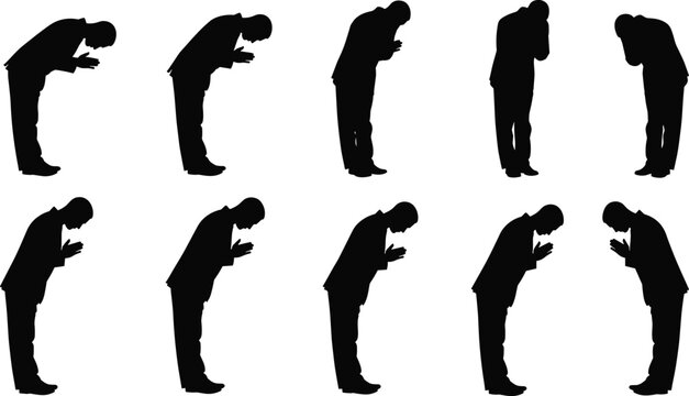 Silhouette set of a businessman bowing and praying in a suit, collection of male figures showing respect, apology, and cultural greeting isolated vector graphic.