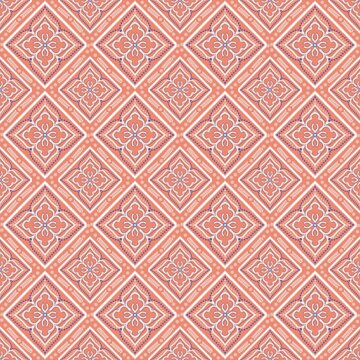  Elegant seamless geometric floral pattern in soft peach and pastel pink tones with ornamental vintage-inspired details. Perfect for fabric, wallpaper, wrapping paper, textile, scra