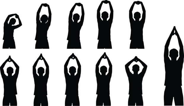Silhouette set of a man performing yoga poses and overhead stretching collection of male figures in various athletic fitness and wellness positions isolated vector graphic