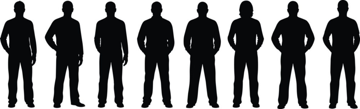 Silhouette set of men standing with hands in pockets collection of male figures in casual clothing and sweaters showing neutral front view postures isolated vector graphic.