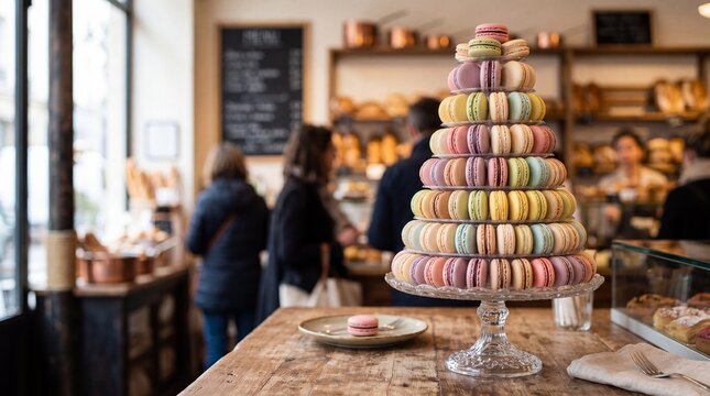 Colorful Macaron Tower Display in Parisian Bakery