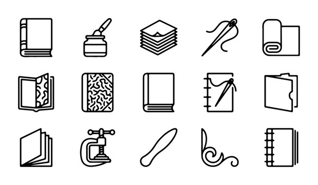 Bookbinding Icons Set, Craft Supplies & Tools Vector Collection, Stationery & Paper Goods Graphics, Journal & Notebook Design Elements