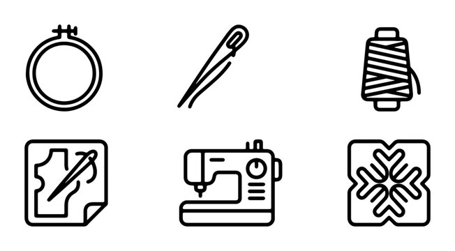 Embroidery Hoop, Needle, Thread Spool, Sewing Pattern, Sewing Machine, Cross Stitch Icons. Crafting and Hobby Vector Set for DIY Projects.