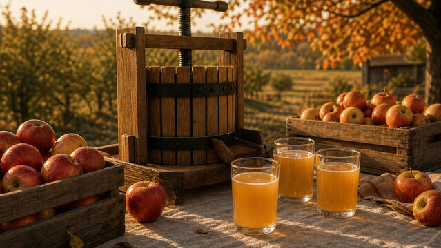 A wooden apple press sits on a table in an orchard during the fall. Nearby are crates of red apples and three glasses of fresh cider. The sun shines down on this busy harvest scene.