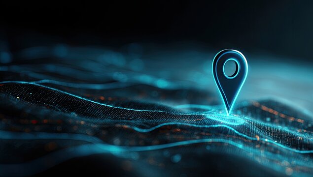 Glowing location pin on a dark, digital terrain of abstract glowing lights