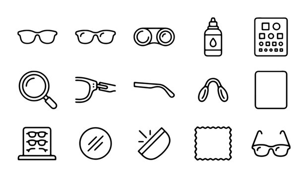 Optometry Icons Set, Eye Care Symbols, Eyewear Accessories, Vision Test Chart, Contact Lens Case, Magnifying Glass, Vector Graphics for Ophthalmology
