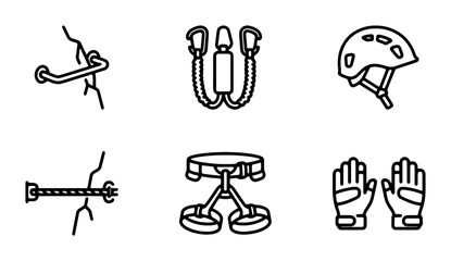 Fototapeta premium Rock Climbing Gear Icons, Outdoor Adventure Equipment Set, Mountaineering Safety Tools Collection, Vector Graphics for Sports and Recreation