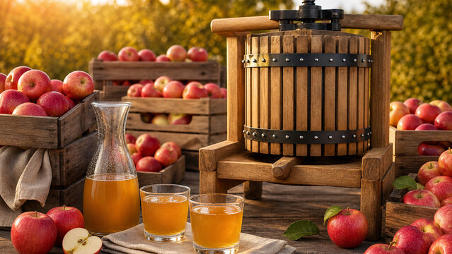Two glasses of apple juice rest on a wooden table next to a wooden apple press. Surrounding the press are baskets filled with red apples. The scene is bright with sunlight and a green background.