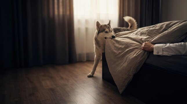 Husky dog playfully biting bed covers near person in bed with morning light