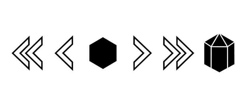 Minimalist chevron arrow icons set depicting progress navigation web interface controls featuring black linear hexagons and sleek vector forward backward direction signs for modern application menu.