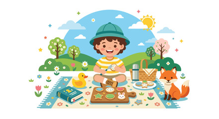 Fototapeta premium A happy boy in a safari hat enjoys an outdoor picnic with cookies, a book, and a friendly fox amidst a beautiful, sunny park landscape.