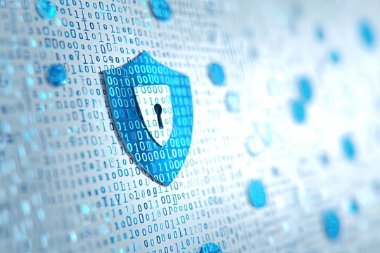 Digital shield protecting a background of flowing binary code with blurred blue elements