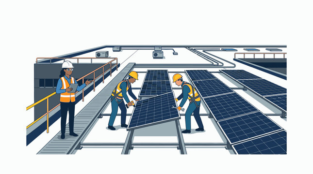 Workers in safety gear installing solar panels on a rooftop with a metal railing and industrial background.