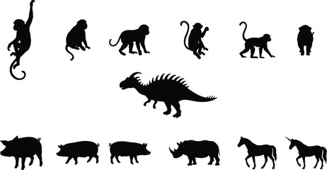  Animal silhouette vector set featuring black shapes of monkey dinosaur pig rhinoceros horse and unicorn isolated on white background © Partho