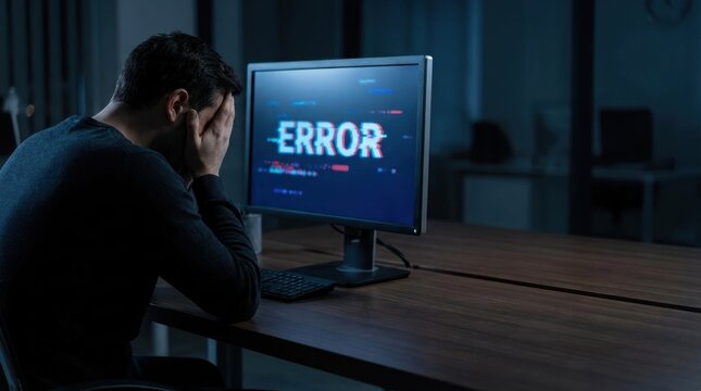 Man in dark room with head in hands in front of computer screen displaying ERROR