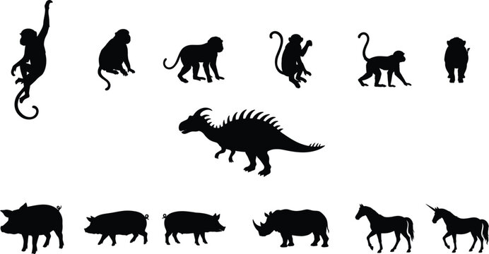  Animal silhouette vector set featuring black shapes of monkey dinosaur pig rhinoceros horse and unicorn isolated on white background