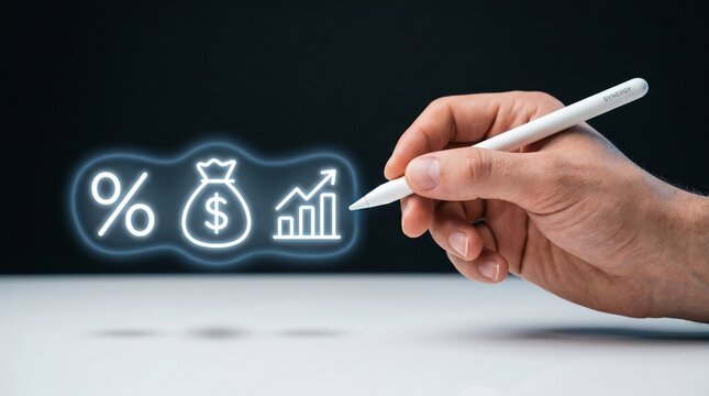 Financial Growth Concept: A hand holds a stylus, pointing towards glowing neon icons representing financial growth, a money bag, and a percentage sign, symbolizing investment and economic progress.