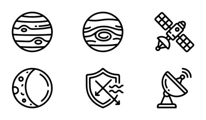 Space Icons Set: Planets, Moon, Satellite, Antenna, Shield, Astronomy, Cosmic, Celestial, Orbit, Exploration, Science, Technology, Vector Graphics © Farabi