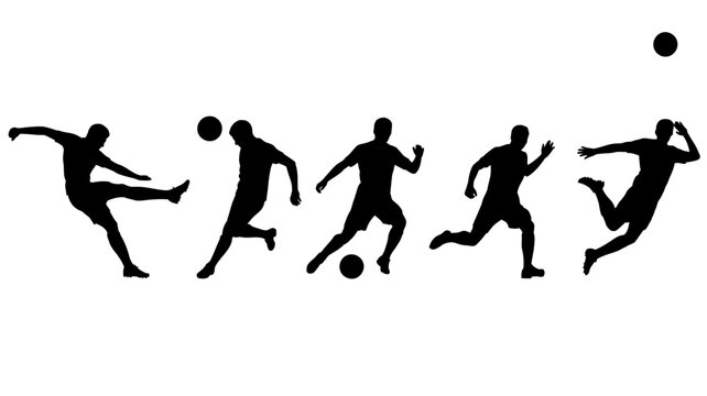 Silhouette sequence of soccer player kicking and controlling a ball