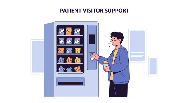Man buying snacks from vending machine in hospital corridor