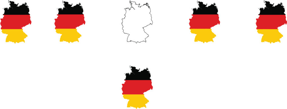  Germany map vector set with german flag colors and black line art outline isolated on white background flat illustration