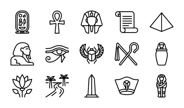 Ancient Egyptian Icons Set, Pharaoh Hieroglyphs, Pyramids, Ankh, Scarab, Eye of Horus, Lotus Flower, Sarcophagus, Obelisk, Papyrus Scroll, Stylized Cultural Symbols