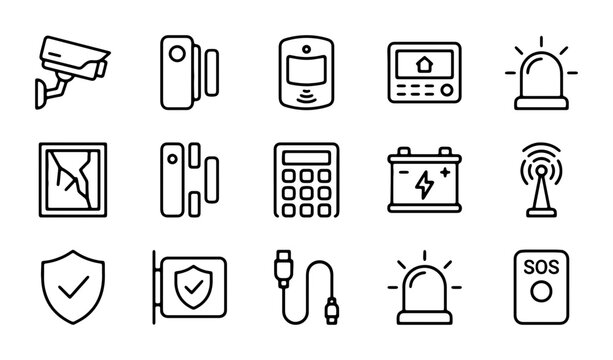 Home Security Icons Set, Surveillance Camera, Alarm System, Door Sensor, SOS Button, Vector Graphics for Safety and Protection Concepts