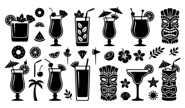 Tiki cocktail silhouette icons vector collection isolated on white