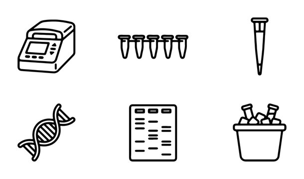 Molecular Biology Lab Equipment Icons: PCR Machine, DNA Helix, Gel Electrophoresis, Test Tubes, Ice Bucket, Scientific Research Vector Set