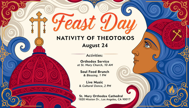 A vibrant poster for the Feast Day of the Nativity of Theotokos, featuring an Orthodox church dome, a stylized profile of the Virgin Mary, and event details.