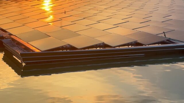 Floating solar panels and solar-powered water aerator on a lake during a golden sunset, renewable green energy footage