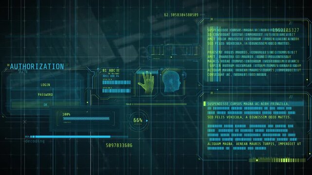 Futuristic HUD interface with biometric authorization process, scanning hand print and human head silhouette with digital data code on screen