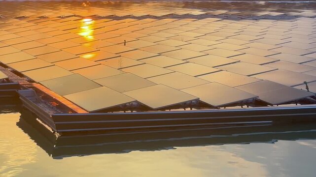 Floating solar panels and solar-powered water aerator on a lake during a golden sunset, renewable green energy footage