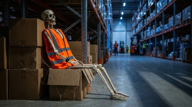 Skeleton in an orange safety vest sits on cardboard boxes within a large well lit warehouse