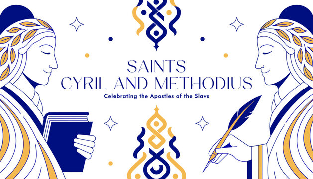 Saints Cyril and Methodius: Celebrating the Apostles of the Slavs, featuring stylized figures and ornate designs.