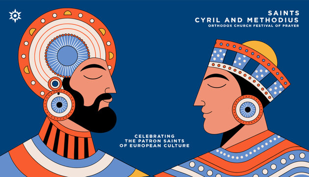 Illustration celebrating Saints Cyril and Methodius, patrons of European culture, with stylized portraits and cultural motifs.