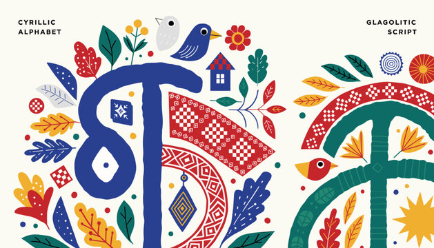 Vibrant illustration showcasing the Cyrillic alphabet and Glagolitic script adorned with colorful folk art motifs, birds, and floral elements.