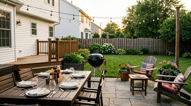Empty suburban backyard patio prepared for a 4th of July BBQ cookout with set dining table, charcoal grill and string lights at sunset