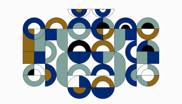 Abstract geometric composition featuring a symmetrical arrangement of circles, semicircles, and rectangles in blue, gold, and teal.