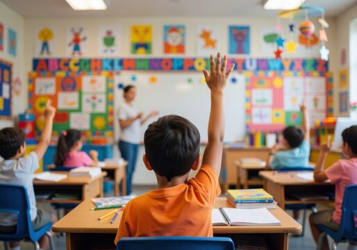 Elementary students raising their hands in a bright classroom with their teacher in the background.