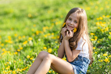 Fototapeta premium Cute little girl7-8 years old, with long brown hair sitting in a field of yellow dandelions, holding flowers and smiling at camera. Happy childhood concept. Summer vacation. High quality photo