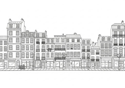 European Town Street with City Buildings Cafe Balcony and Streetlamp Outline Vector Illustration on White Background