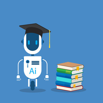 Artificial Intelligence Learning Assistant Robot Studying Books Education Technology Concept	