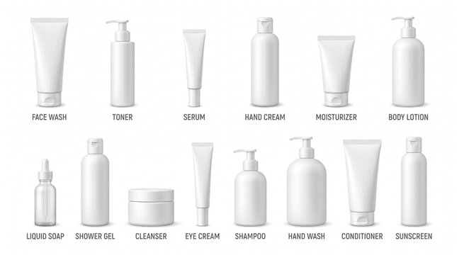 Set of blank white cosmetic packaging containers with various products for skin and body care on a white background.