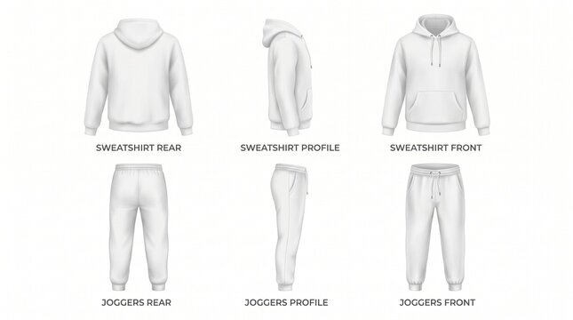 Blank white hoodie and jogger pants set, front, rear, and profile views for apparel design mockups.