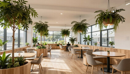 Fototapeta premium Clean Sustainable Coworking Space with Abundant Greenery and Natural Wood
