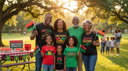African American family celebrating Juneteenth festival in a park at sunset, freedom and unity concept for black heritage holiday and community celebration
