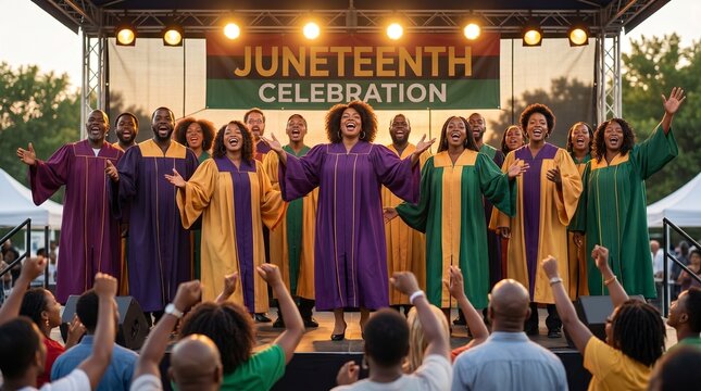Gospel choir singing at Juneteenth celebration on an outdoor stage for a diverse audience celebrating freedom, community spirit and African American cultural heritage